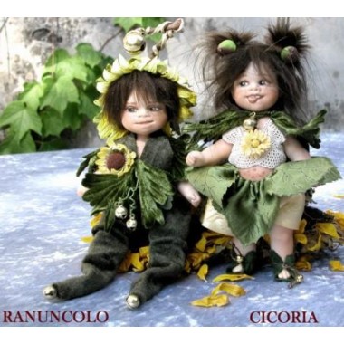 Elfe Kobold Chicoree und Hahnenfuß, Porzellanpuppe