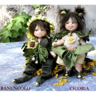 Elfe Kobold Chicoree und Hahnenfuß, Porzellanpuppe