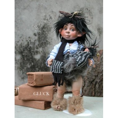 Gluck mit Welpe, Porzellanpuppe 