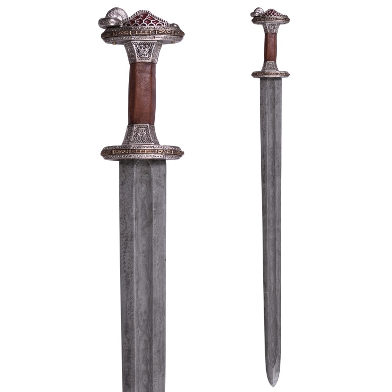 Skandinavisches Vendelzeit-Schwert mit verzinntem Messingheft, Damastklinge