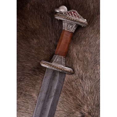 Skandinavisches Vendelzeit-Schwert mit verzinntem Messingheft, Damastklinge