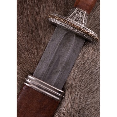 Skandinavisches Vendelzeit-Schwert mit verzinntem Messingheft, Damastklinge