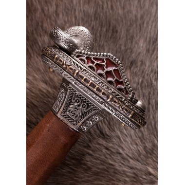 Skandinavisches Vendelzeit-Schwert mit verzinntem Messingheft, Damastklinge